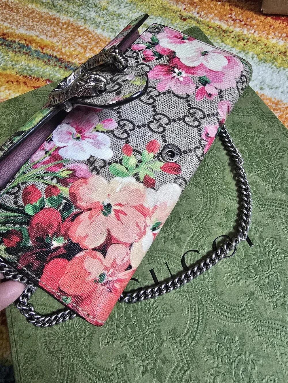 Authentic Gucci Floral Print Chain Wallet in Pink and Green